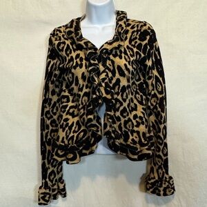 D-19 INC International Concepts Cream & Black Animal Print Ruffle Open Cardigan‎